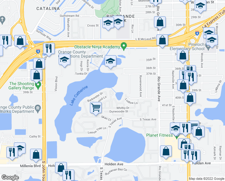 map of restaurants, bars, coffee shops, grocery stores, and more near 3976 Crayrich Circle in Orlando