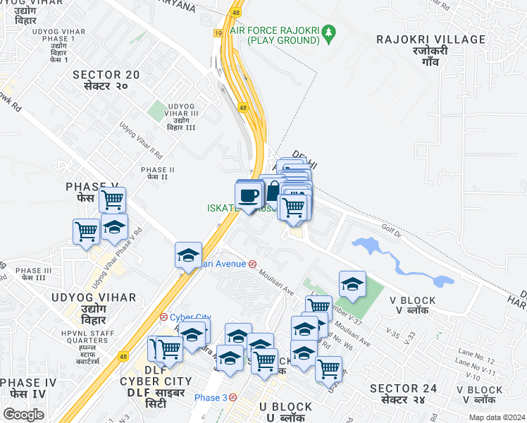 map of restaurants, bars, coffee shops, grocery stores, and more near DLF City Phase 3 Road in Gurugram
