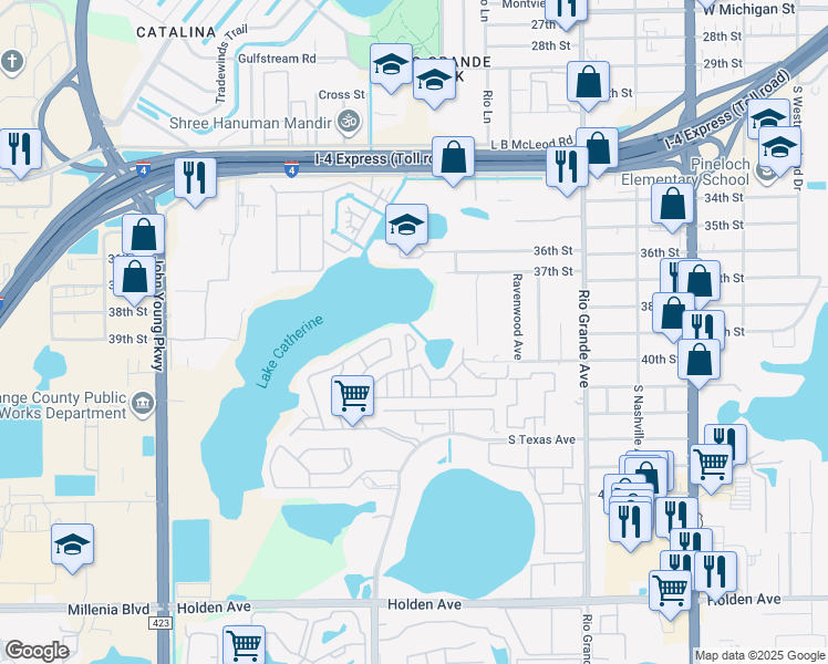 map of restaurants, bars, coffee shops, grocery stores, and more near 3976 Crayrich Circle in Orlando