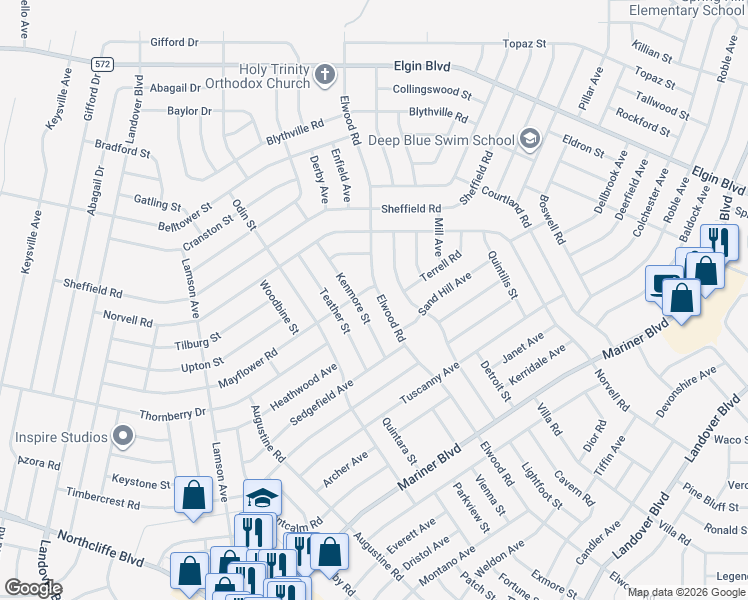 map of restaurants, bars, coffee shops, grocery stores, and more near 5076 Elwood Road in Spring Hill
