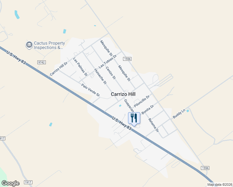 map of restaurants, bars, coffee shops, grocery stores, and more near 408 Huisache Street in Carrizo Springs