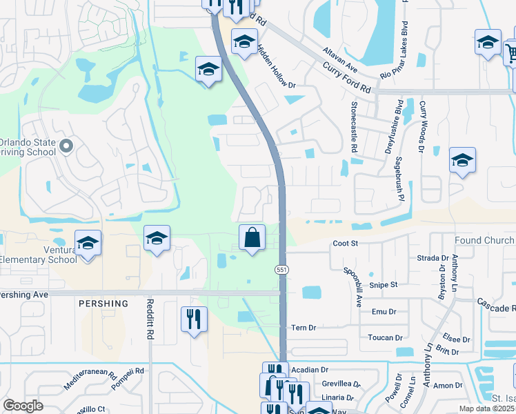 map of restaurants, bars, coffee shops, grocery stores, and more near 2860 South Goldenrod Road in Orlando