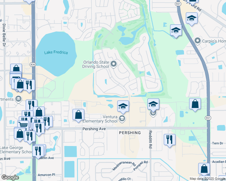 map of restaurants, bars, coffee shops, grocery stores, and more near 3900 Southpointe Drive in Orlando
