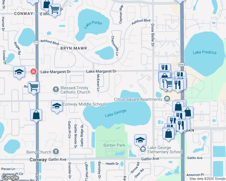 map of restaurants, bars, coffee shops, grocery stores, and more near 3228 Lake George Cove Drive in Orlando