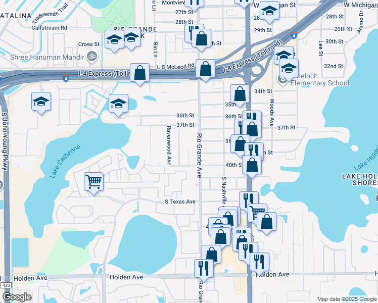 map of restaurants, bars, coffee shops, grocery stores, and more near 3909 Trovati Street in Orlando