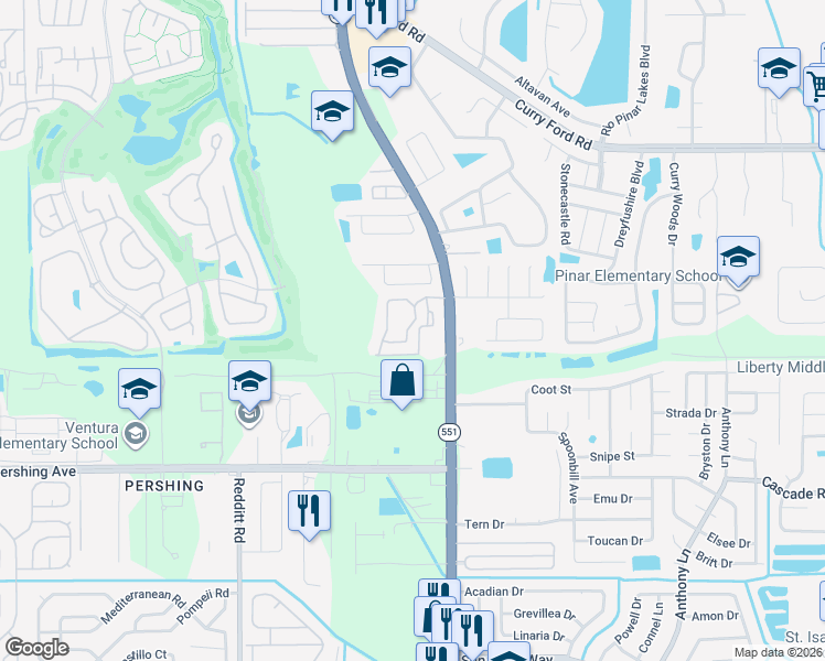 map of restaurants, bars, coffee shops, grocery stores, and more near 7515 Marbella Pointe Drive in Orlando