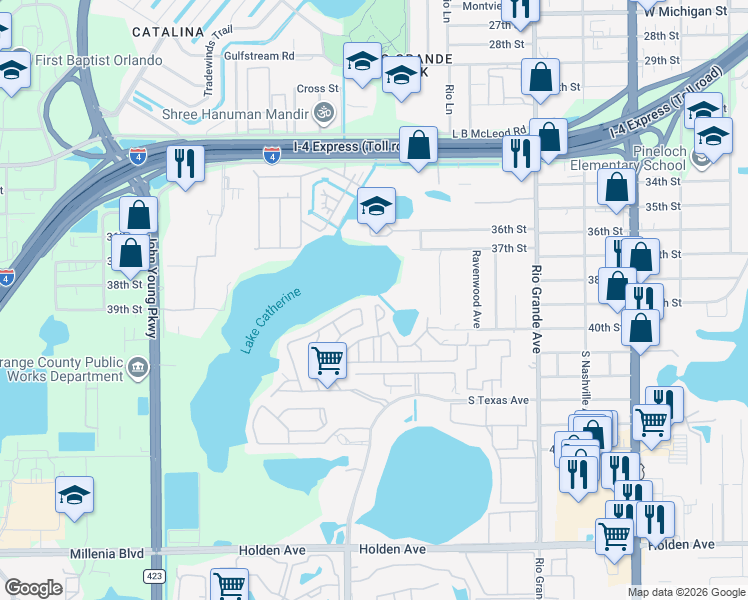 map of restaurants, bars, coffee shops, grocery stores, and more near 3976 Crayrich Circle in Orlando
