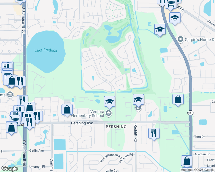 map of restaurants, bars, coffee shops, grocery stores, and more near 3856 Southpointe Drive in Orlando