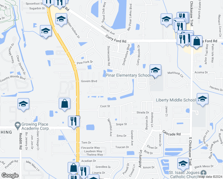 map of restaurants, bars, coffee shops, grocery stores, and more near 7808 Brockwood Circle in Orlando