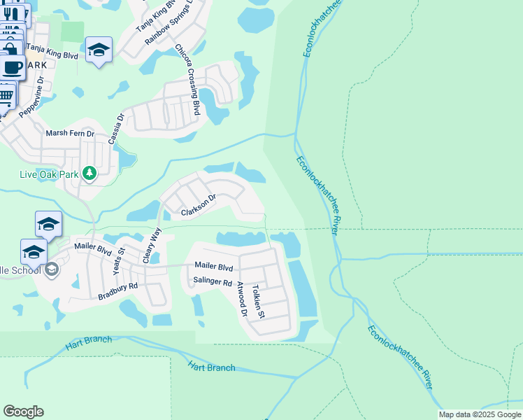 map of restaurants, bars, coffee shops, grocery stores, and more near 14655 Michener Trail in Orlando