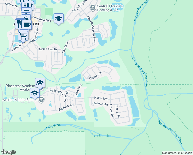 map of restaurants, bars, coffee shops, grocery stores, and more near 3853 Albright Lane in Orlando