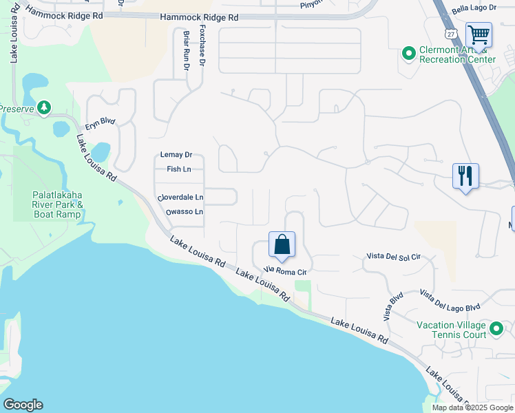 map of restaurants, bars, coffee shops, grocery stores, and more near 13207 Lakewind Drive in Clermont