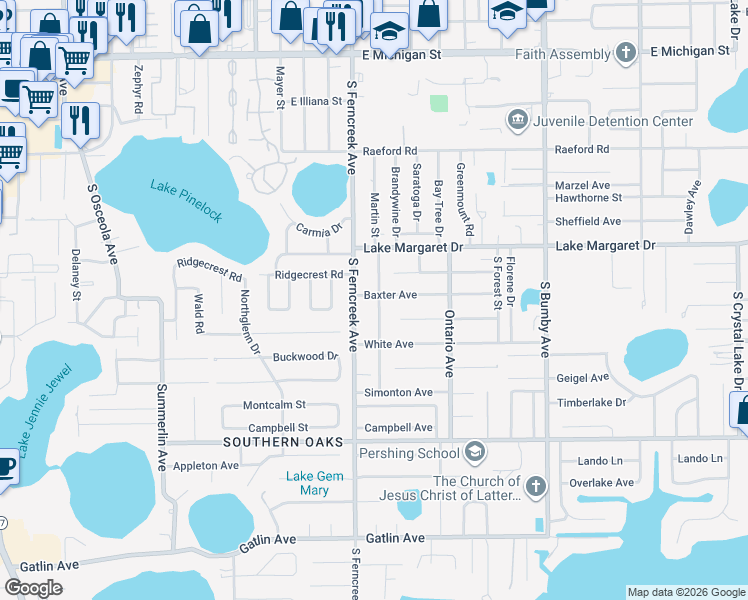 map of restaurants, bars, coffee shops, grocery stores, and more near 3209 Martin Street in Orlando