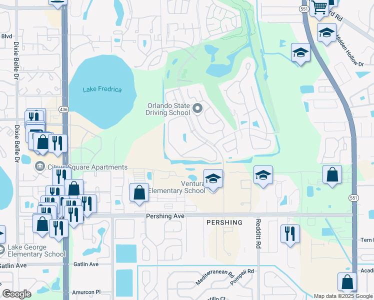 map of restaurants, bars, coffee shops, grocery stores, and more near 3883 Atrium Drive in Orlando