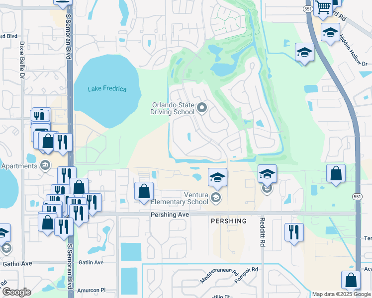 map of restaurants, bars, coffee shops, grocery stores, and more near 3883 Atrium Drive in Orlando