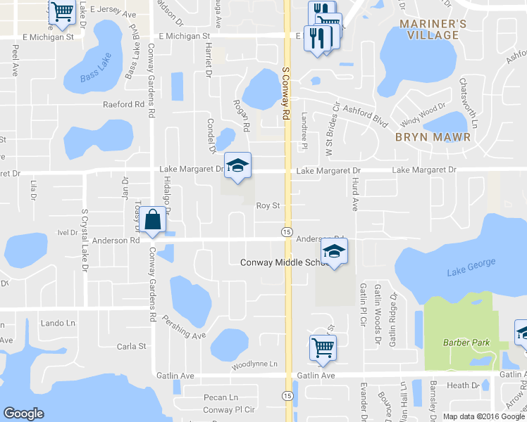 map of restaurants, bars, coffee shops, grocery stores, and more near 4209 Roy Street in Orlando