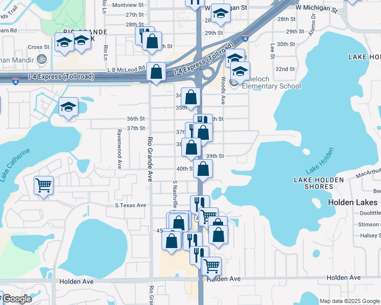 map of restaurants, bars, coffee shops, grocery stores, and more near 1316 38th Street in Orlando