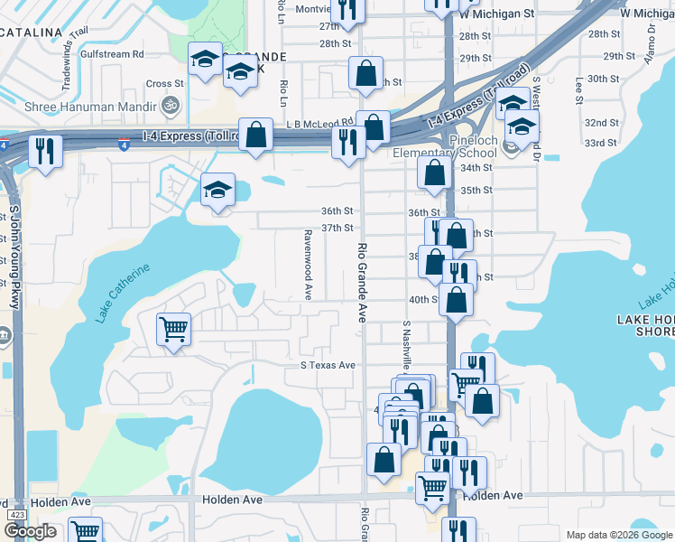 map of restaurants, bars, coffee shops, grocery stores, and more near 3748 Trovati Street in Orlando