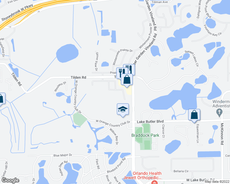 map of restaurants, bars, coffee shops, grocery stores, and more near 3524 Turningwind Lane in Winter Garden