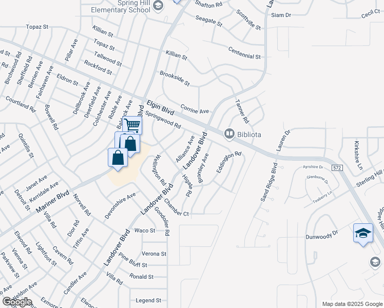 map of restaurants, bars, coffee shops, grocery stores, and more near 5111 Landover Boulevard in Spring Hill