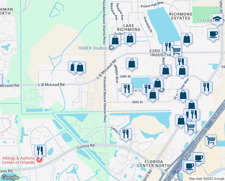 map of restaurants, bars, coffee shops, grocery stores, and more near 3400-3498 Maggie Blvd in Orlando