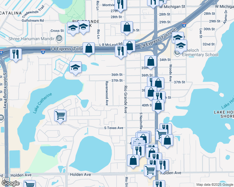 map of restaurants, bars, coffee shops, grocery stores, and more near 3748 Trovati Street in Orlando
