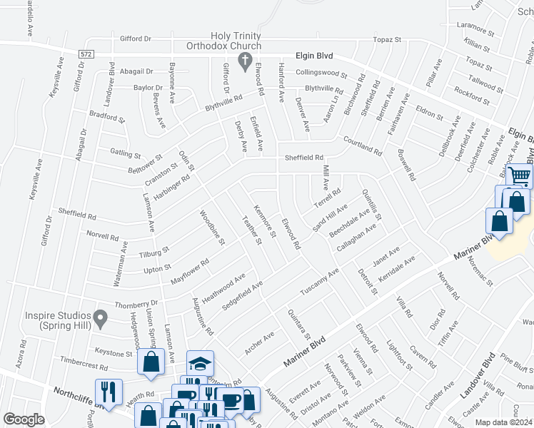 map of restaurants, bars, coffee shops, grocery stores, and more near 5106 Kenmore Street in Spring Hill
