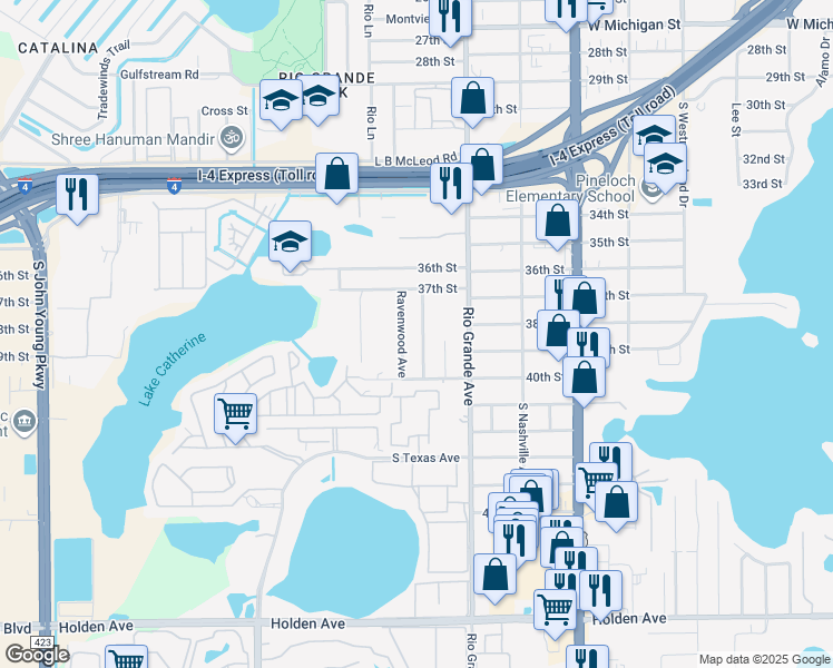 map of restaurants, bars, coffee shops, grocery stores, and more near 3719 Ravenwood Avenue in Orlando