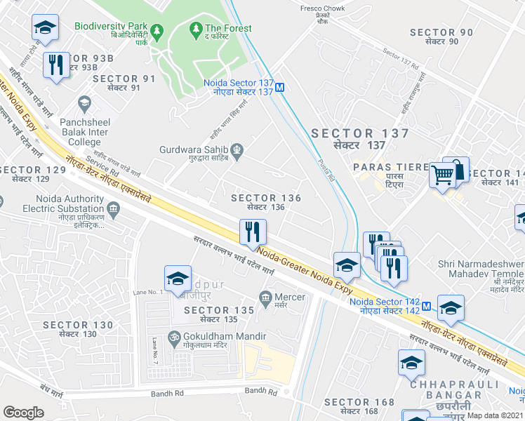 map of restaurants, bars, coffee shops, grocery stores, and more near in Noida