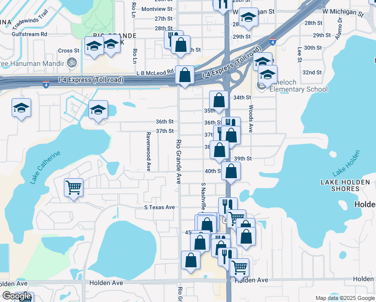 map of restaurants, bars, coffee shops, grocery stores, and more near 1432 38th Street in Orlando