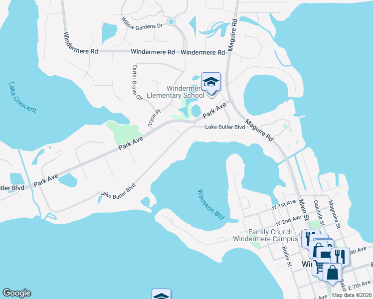map of restaurants, bars, coffee shops, grocery stores, and more near 11316 Lake Butler Boulevard in Windermere