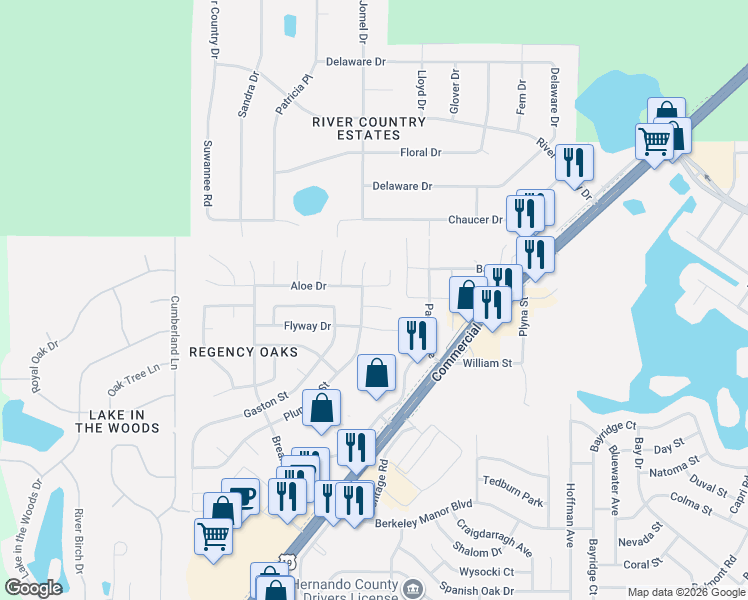 map of restaurants, bars, coffee shops, grocery stores, and more near 7442 Aloe Drive in Spring Hill