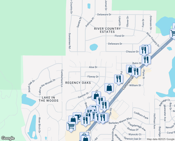 map of restaurants, bars, coffee shops, grocery stores, and more near 7329 Botanical Drive in Spring Hill