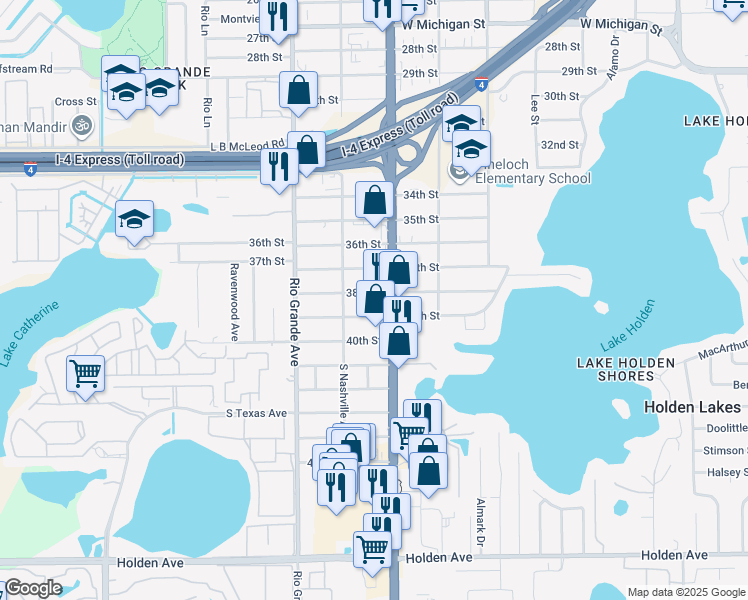 map of restaurants, bars, coffee shops, grocery stores, and more near 1316 38th Street in Orlando
