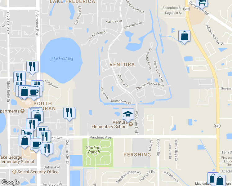 map of restaurants, bars, coffee shops, grocery stores, and more near 3883 Atrium Drive in Orlando