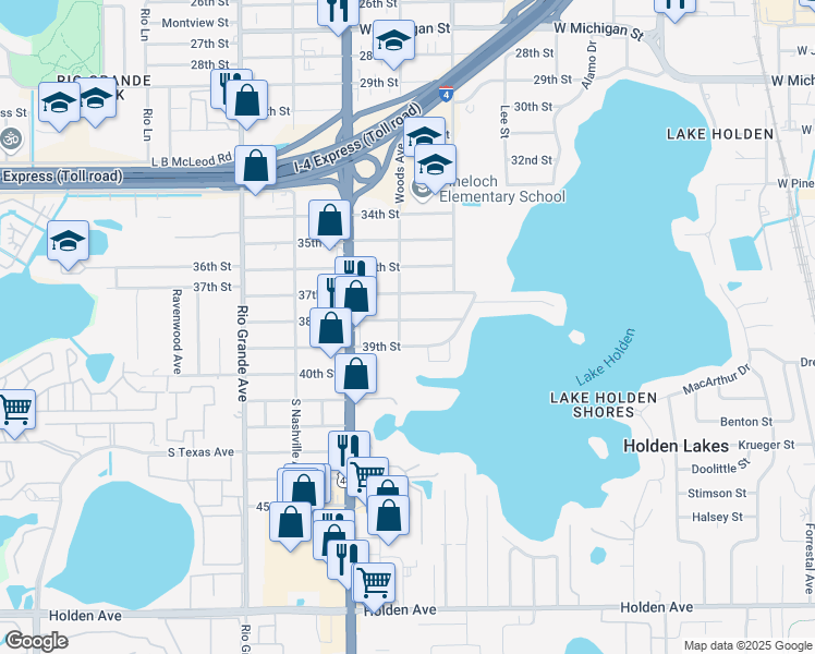 map of restaurants, bars, coffee shops, grocery stores, and more near 1172 38th Street in Orlando