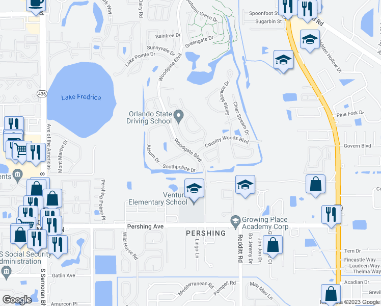 map of restaurants, bars, coffee shops, grocery stores, and more near 3856 Southpointe Drive in Orlando