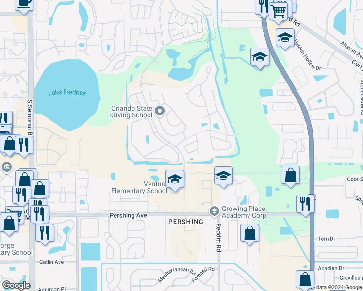 map of restaurants, bars, coffee shops, grocery stores, and more near 6427 Pinewood Drive in Orlando