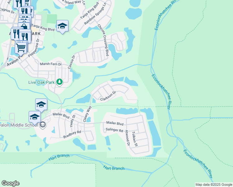 map of restaurants, bars, coffee shops, grocery stores, and more near 14550 Clarkson Drive in Orlando