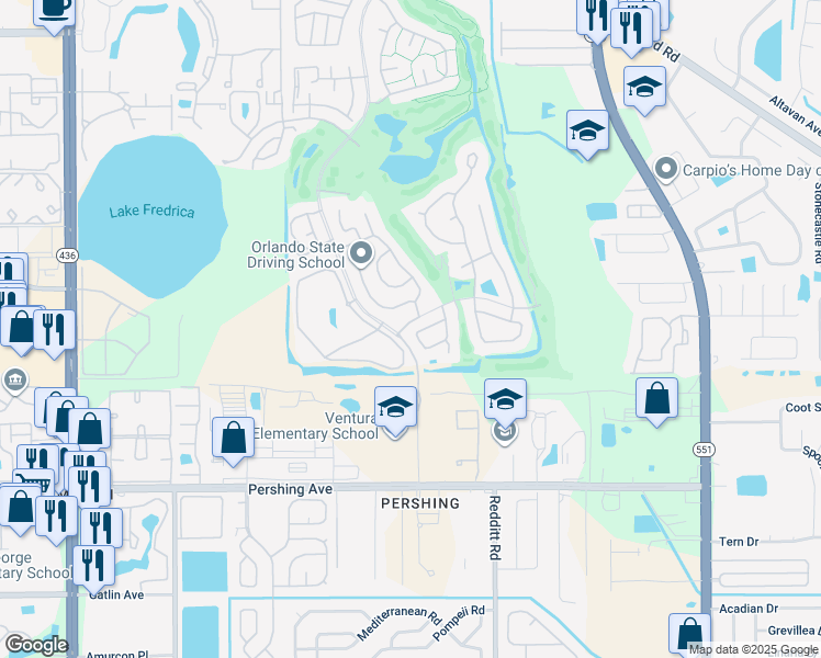 map of restaurants, bars, coffee shops, grocery stores, and more near 6427 Pinewood Drive in Orlando