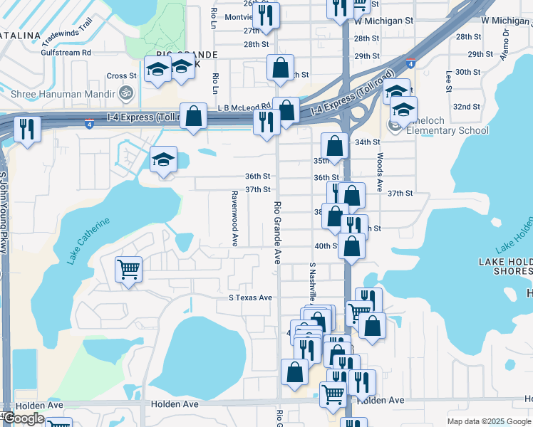 map of restaurants, bars, coffee shops, grocery stores, and more near 3748 Trovati Street in Orlando
