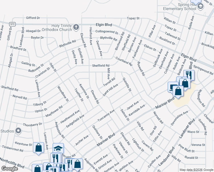 map of restaurants, bars, coffee shops, grocery stores, and more near 11330 Terrell Road in Spring Hill