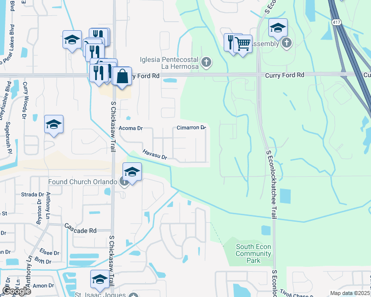 map of restaurants, bars, coffee shops, grocery stores, and more near 8836 Scioto Court in Orlando