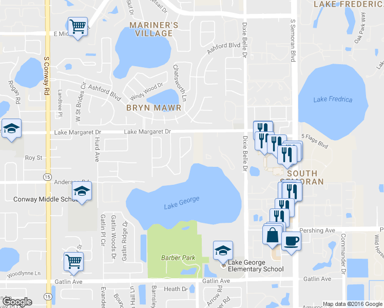 map of restaurants, bars, coffee shops, grocery stores, and more near 3061 Lake George Cove Drive in Orlando