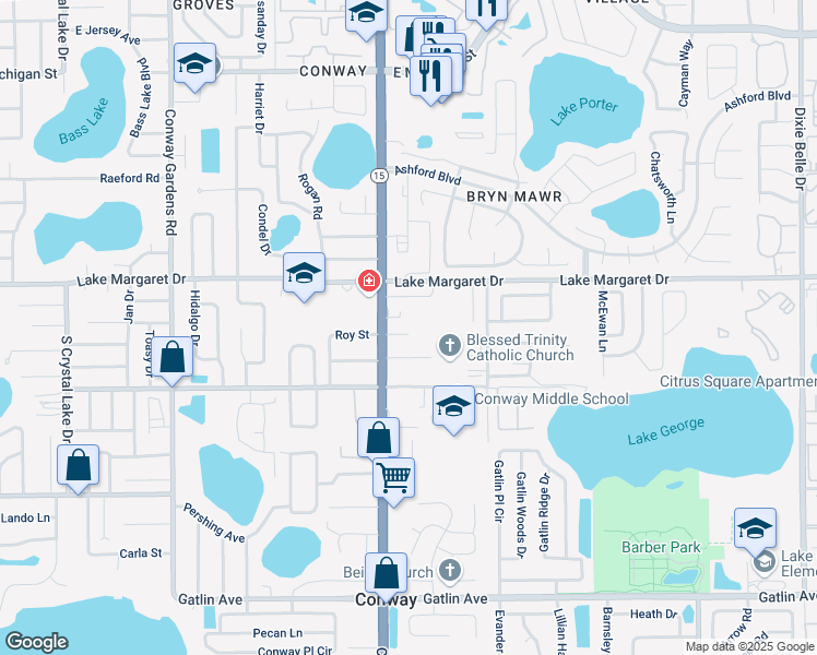 map of restaurants, bars, coffee shops, grocery stores, and more near 4417 Roy Street in Orlando