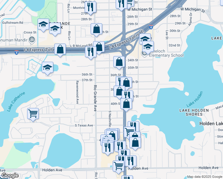 map of restaurants, bars, coffee shops, grocery stores, and more near 1345 38th Street in Orlando