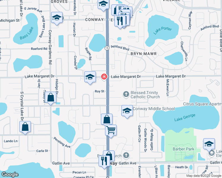 map of restaurants, bars, coffee shops, grocery stores, and more near 4417 Roy Street in Orlando