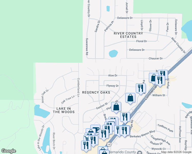 map of restaurants, bars, coffee shops, grocery stores, and more near 7250 Aloe Drive in Spring Hill
