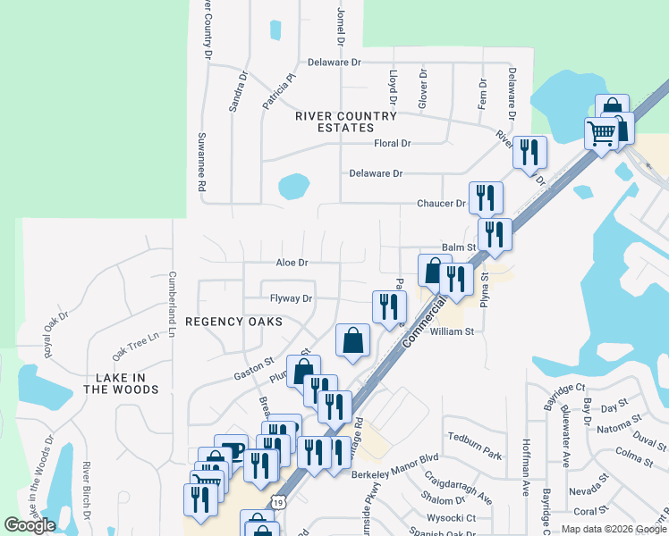 map of restaurants, bars, coffee shops, grocery stores, and more near 5091 Plumosa Street in Spring Hill