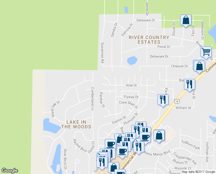 map of restaurants, bars, coffee shops, grocery stores, and more near 7250 Aloe Drive in Spring Hill